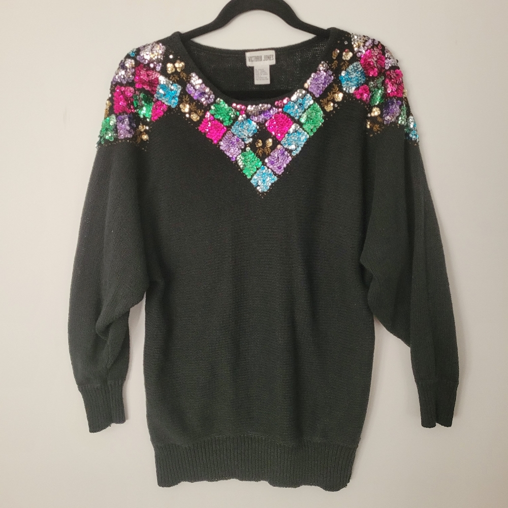 VICTORIA JONES Vintage Multi Color Sequine Black Sweater Size L Holiday